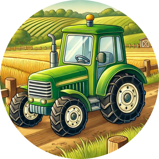 Grüner Traktor auf einem Feld, ländliche Szene mit Ackerbau.