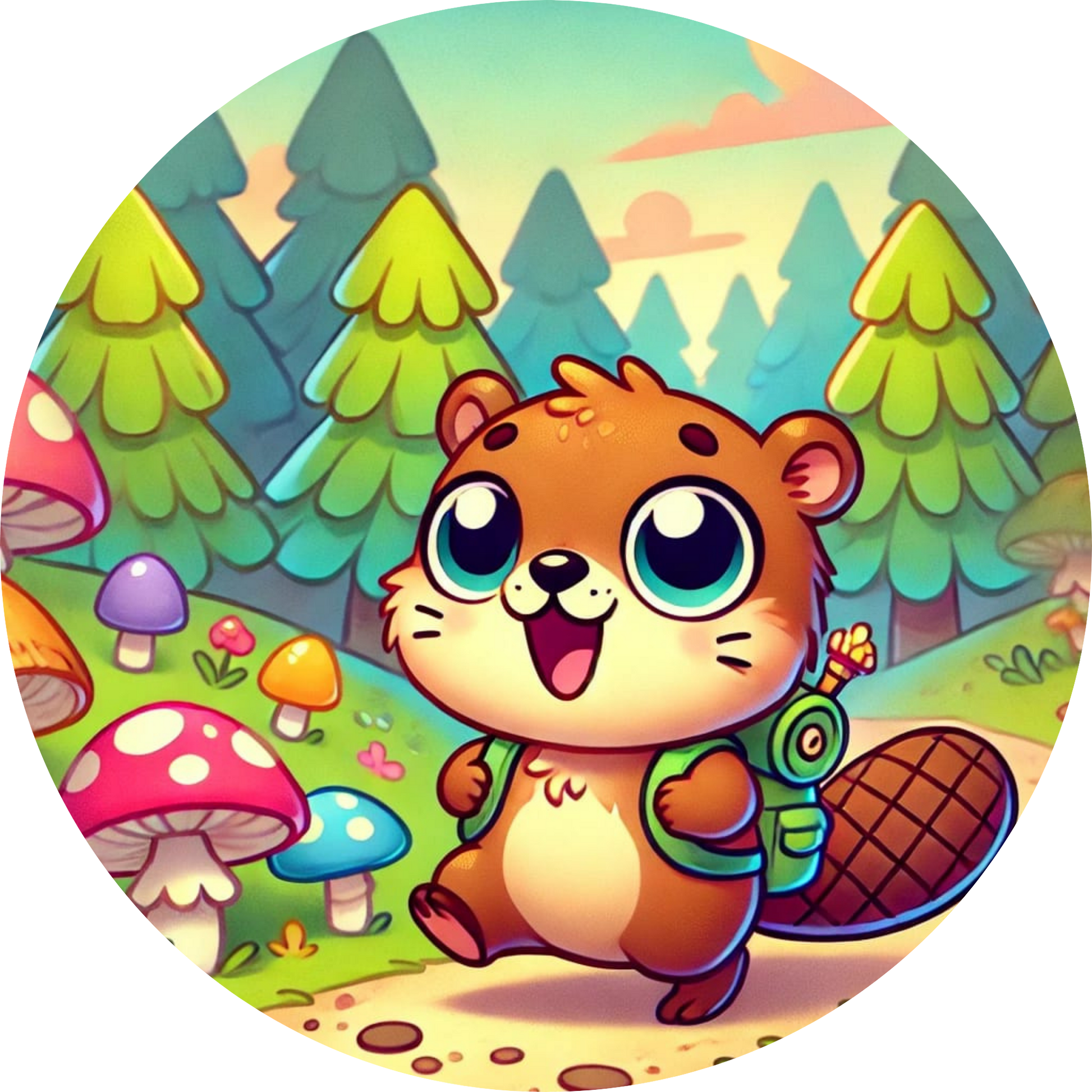 Niedriger Biber im Wald mit großen Augen und bunten Pilzen
