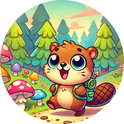 Niedriger Biber im Wald mit großen Augen und bunten Pilzen
