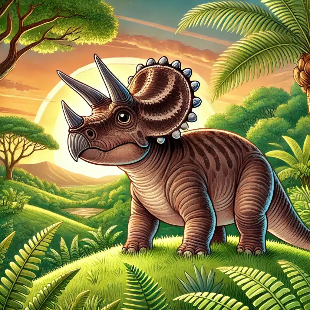 Triceratops mit markanten Hörnern auf Wiese zwischen Farnen