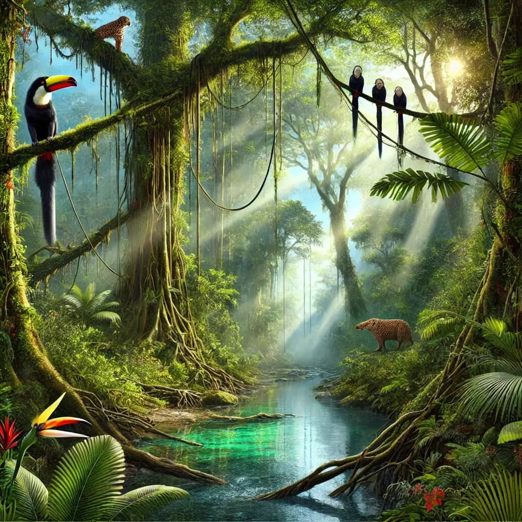 Dschungel mit Wasserfall und Sonnenlicht, das durch das Blätterdach fällt