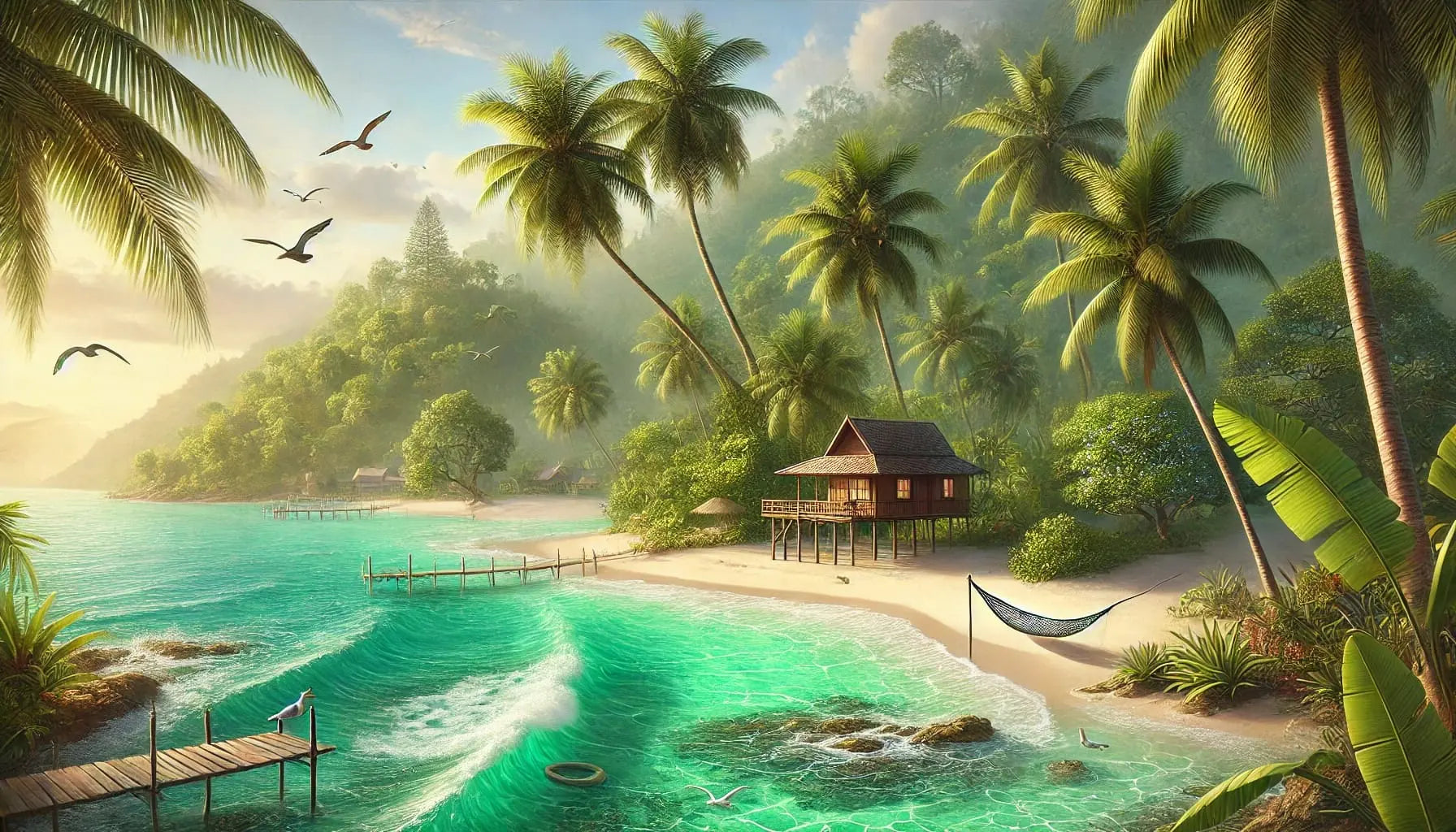 Hütte am türkisblauen Strand mit Palmen und tropischer Natur