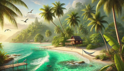 Hütte am türkisblauen Strand mit Palmen und tropischer Natur