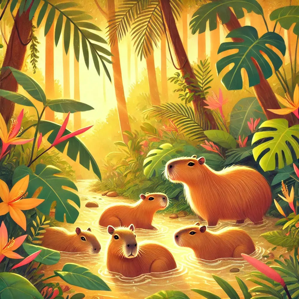 Capybaras im tropischen Dickicht mit warmen Farben und Sonnenschein
