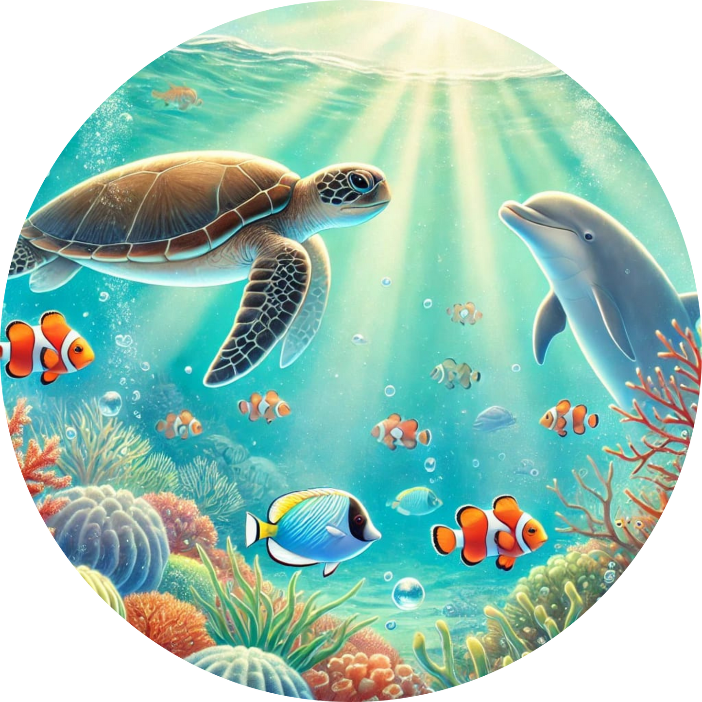 Bunte Unterwasserwelt mit tropischen Fischen und Korallen in kräftigen Farben.