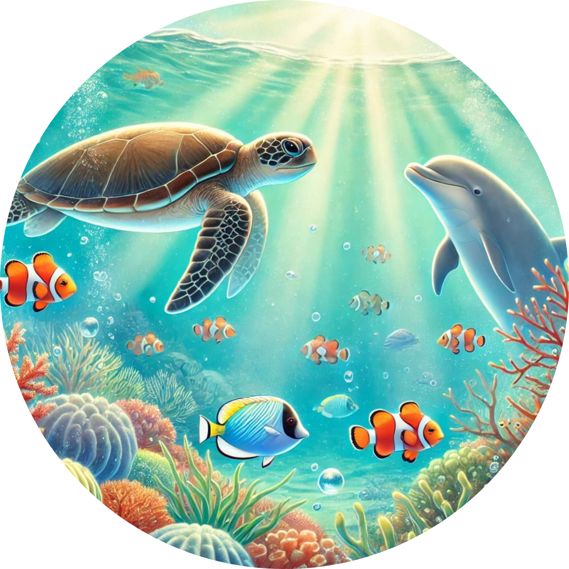 Bunte Unterwasserwelt mit tropischen Fischen und Korallen in kräftigen Farben.