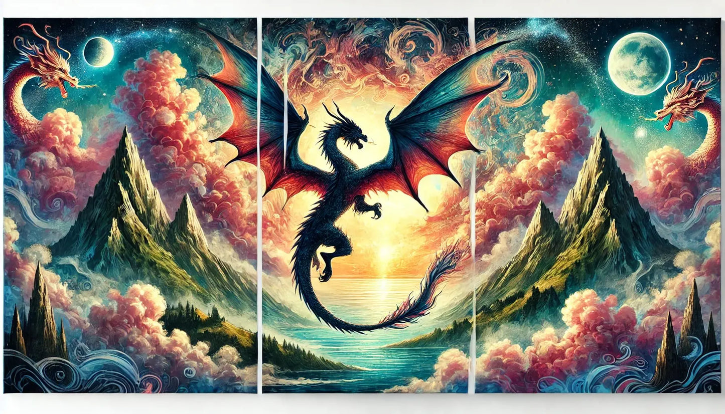 Drache mit Schmetterlingsflügeln im Licht – Farbintensiver Drache mit flügelartigen Ornamenten erhebt sich vor goldener Lichtlandschaft.