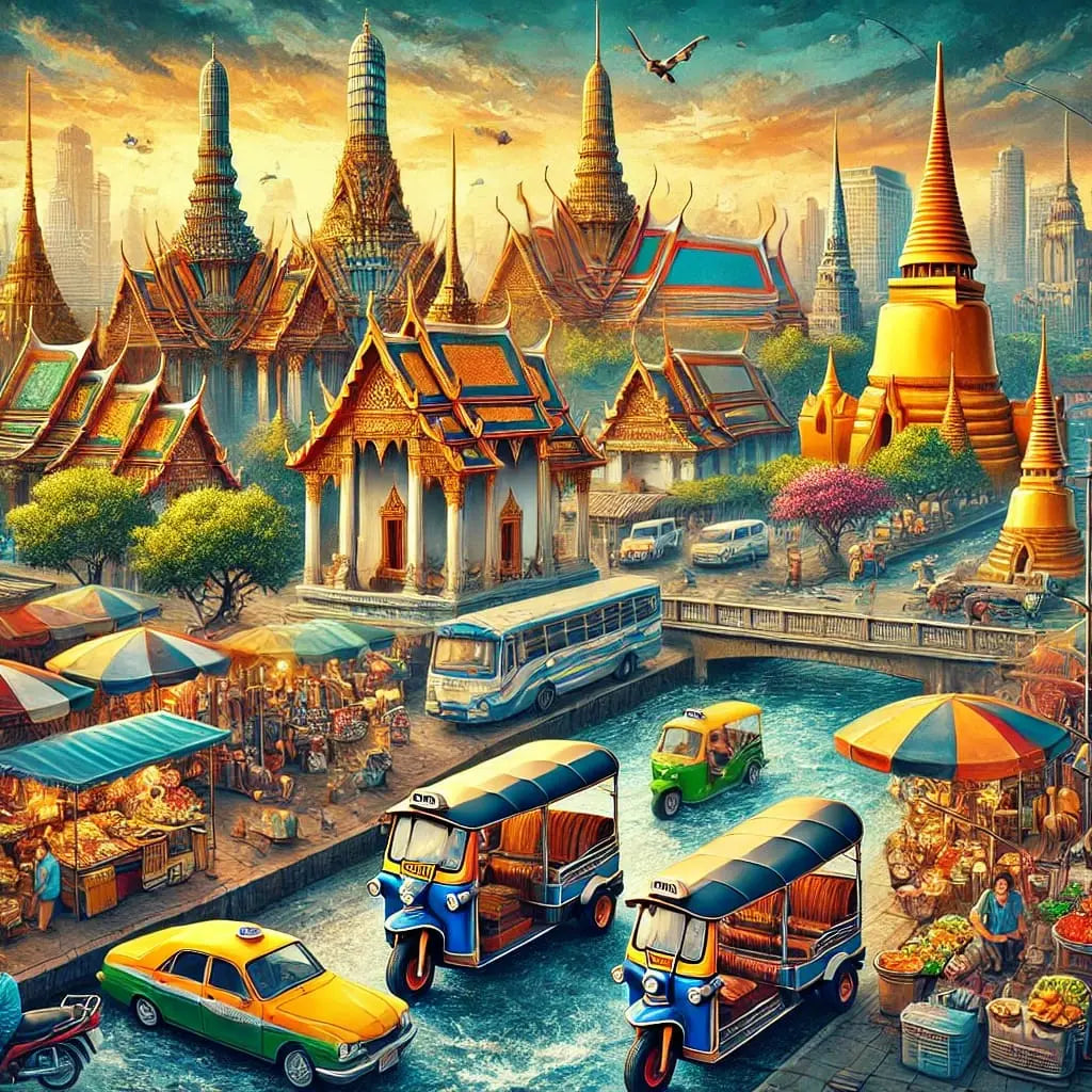Tempelstadt mit Pagoden und Tuk-Tuks – Exotische Szene mit asiatischer Architektur und geschäftigem Stadtleben.