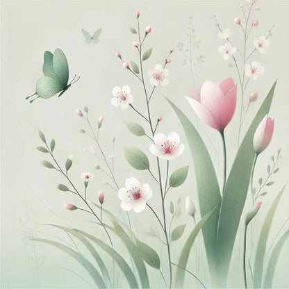 Frühlingshafte Szene mit Tulpen, Narzissen und Kirschblüten, umgeben von flatternden Schmetterlingen