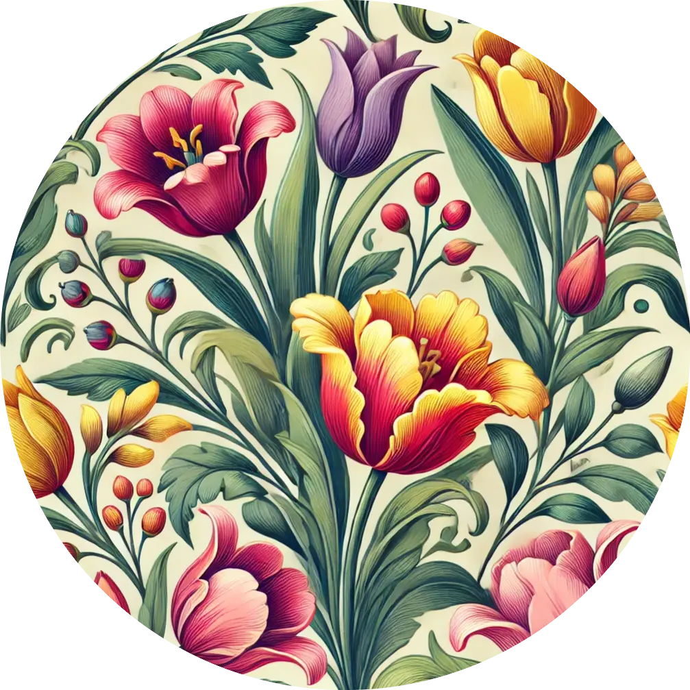 Kräftige Tulpen und Blattmuster in folkloristischem Stil