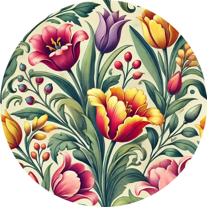 Kräftige Tulpen und Blattmuster in folkloristischem Stil