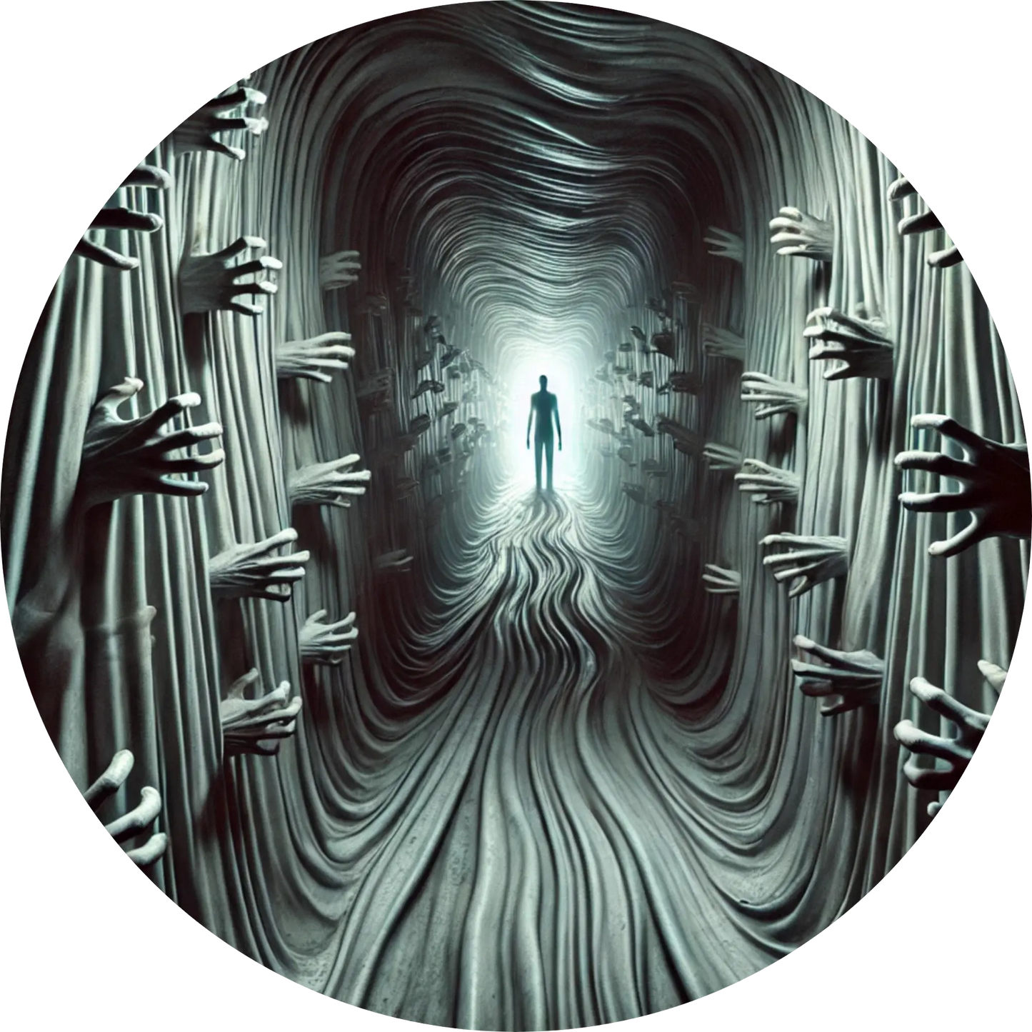 Tunnel aus verwundenen Figuren, eine einsame Person in der Ferne