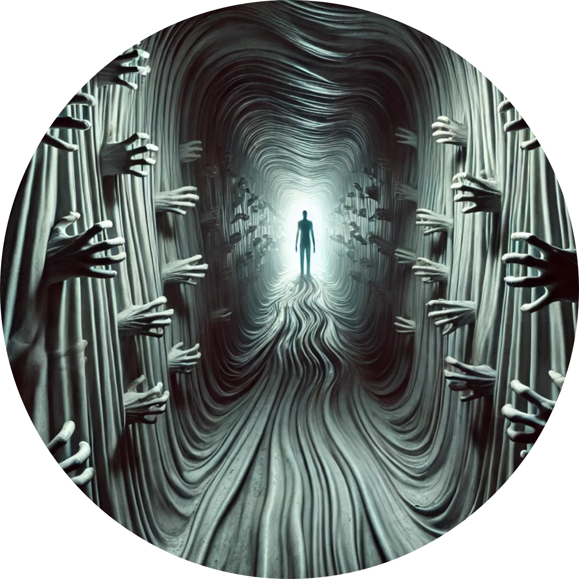 Tunnel aus verwundenen Figuren, eine einsame Person in der Ferne