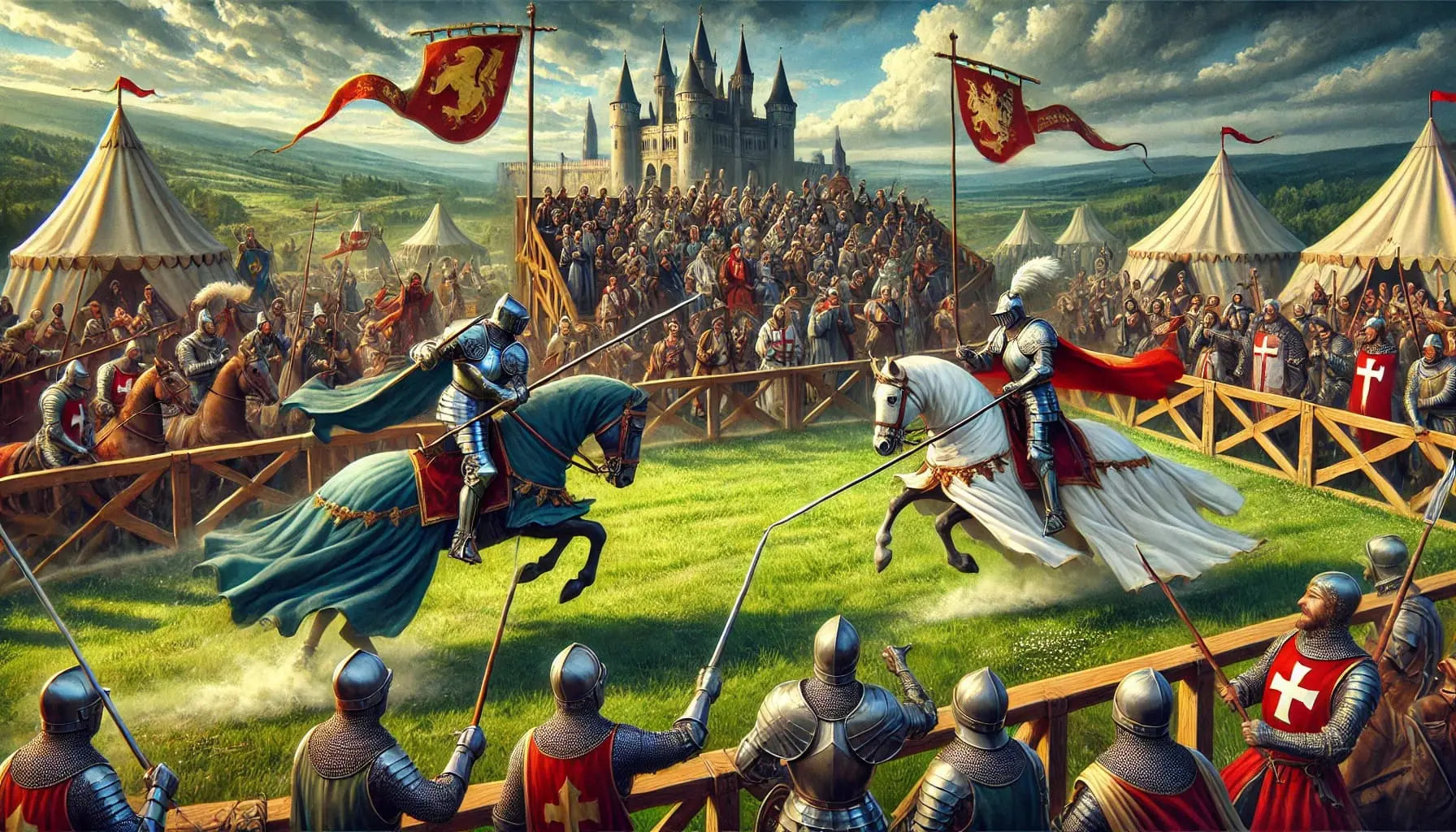 Ritterturnier mit Lanzenkampf – Zuschauer, Zelte und mittelalterliche Stimmung rund um das Geschehen.