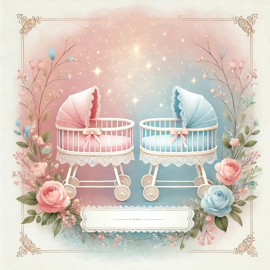 Romantische Illustration von zwei Babywiegen – eine rosa, eine blau – mit Blumen, Sternen und Vintage-Rahmen auf pastellfarbenem Hintergrund, perfekt für Zwillinge oder Gender-Reveal-Dekoration.