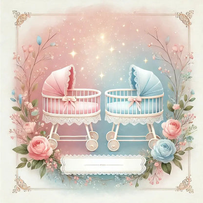 Romantische Illustration von zwei Babywiegen – eine rosa, eine blau – mit Blumen, Sternen und Vintage-Rahmen auf pastellfarbenem Hintergrund, perfekt für Zwillinge oder Gender-Reveal-Dekoration.