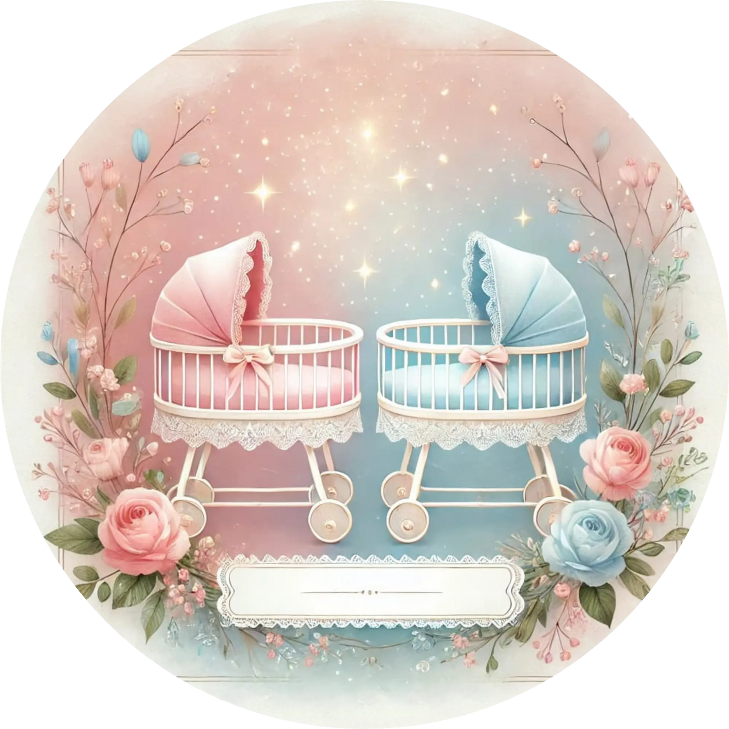 Zwei Babywiegen in Rosa und Blau mit Schleifen – süßes Motiv für Zwillinge
