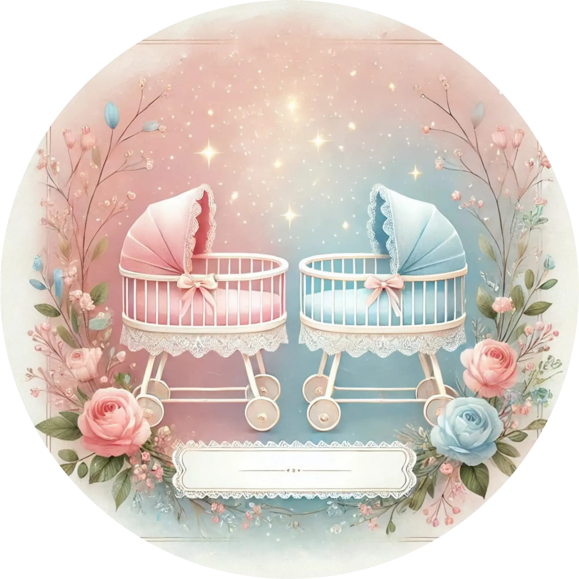 Zwei Babywiegen in Rosa und Blau mit Schleifen – süßes Motiv für Zwillinge
