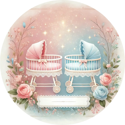 Zwei Babywiegen in Rosa und Blau mit Schleifen – süßes Motiv für Zwillinge
