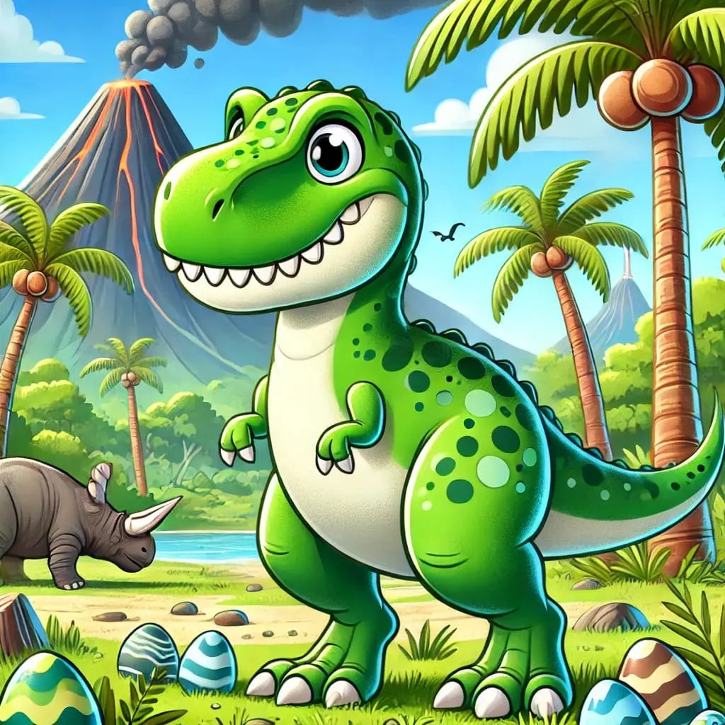 Lachender grüner Cartoon-Dino mit Palmen und blauem Himmel