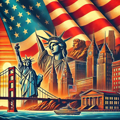 USA-Motiv mit Freiheitsstatue, Stars-and-Stripes-Flagge und gelbem Taxi in Comic-Optik