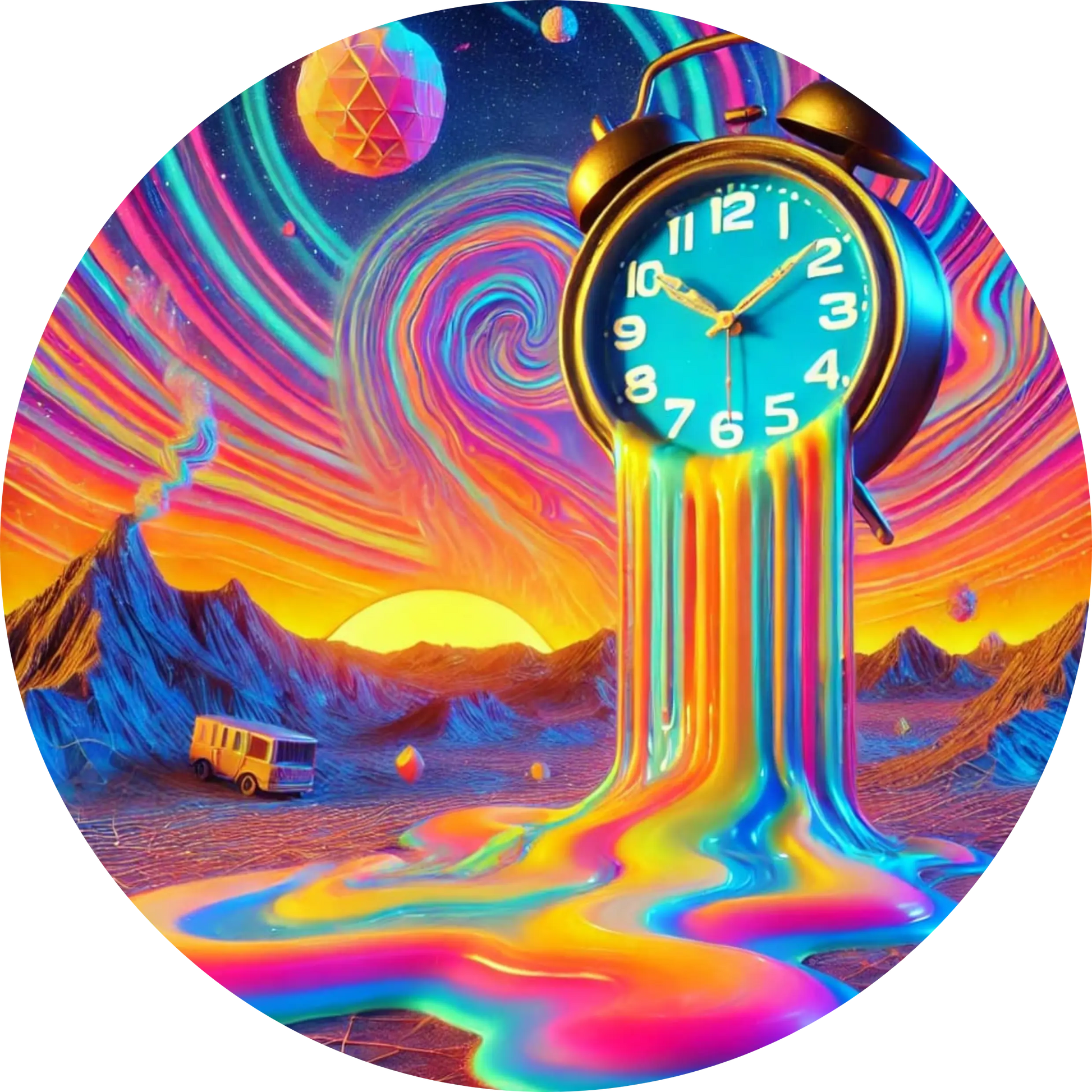 Uhr in surrealer, psychedelischer Farbwelt mit flüssiger Zeitdarstellung