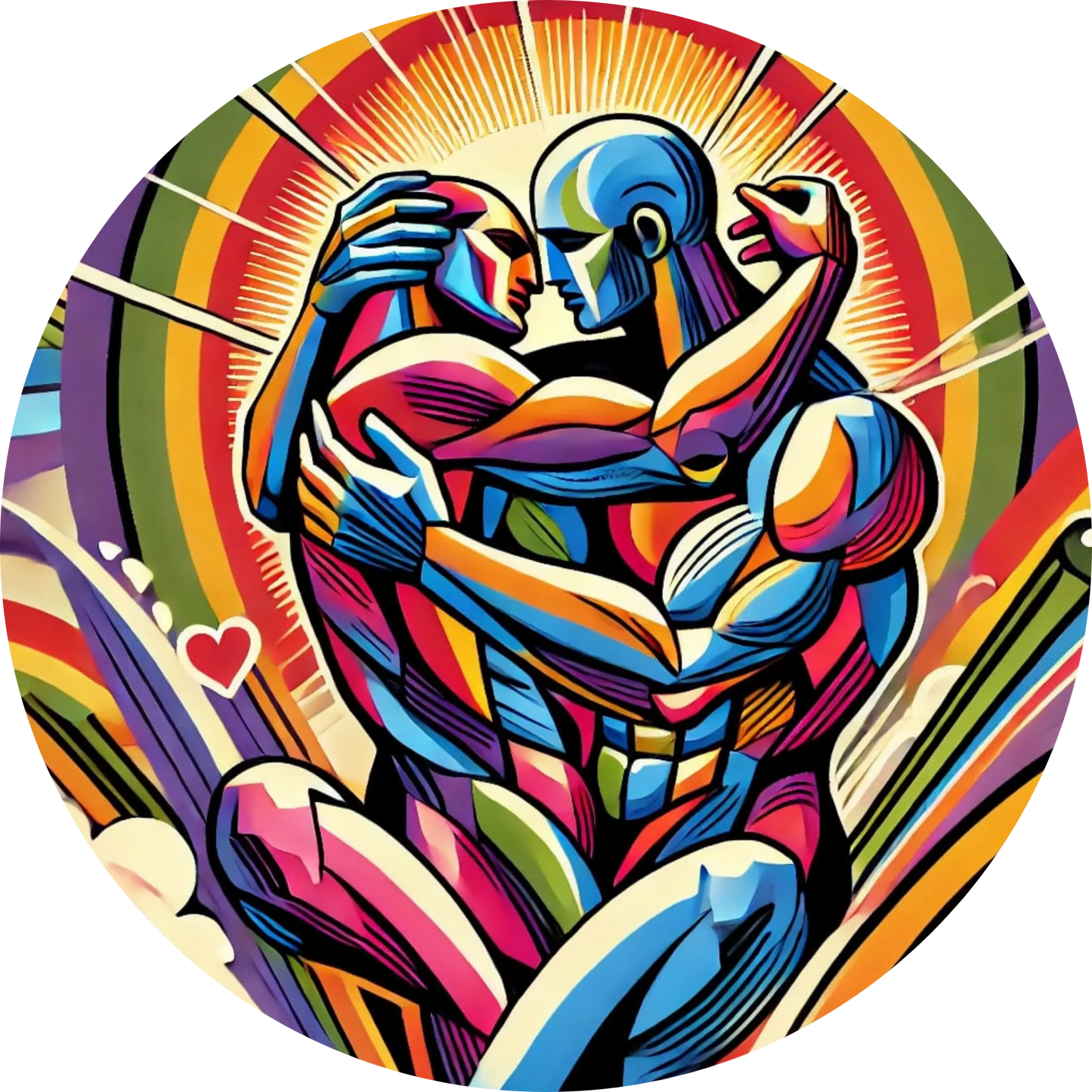 Umarmende Figuren aus abstrakten, farbintensiven Streifen in Herzform.