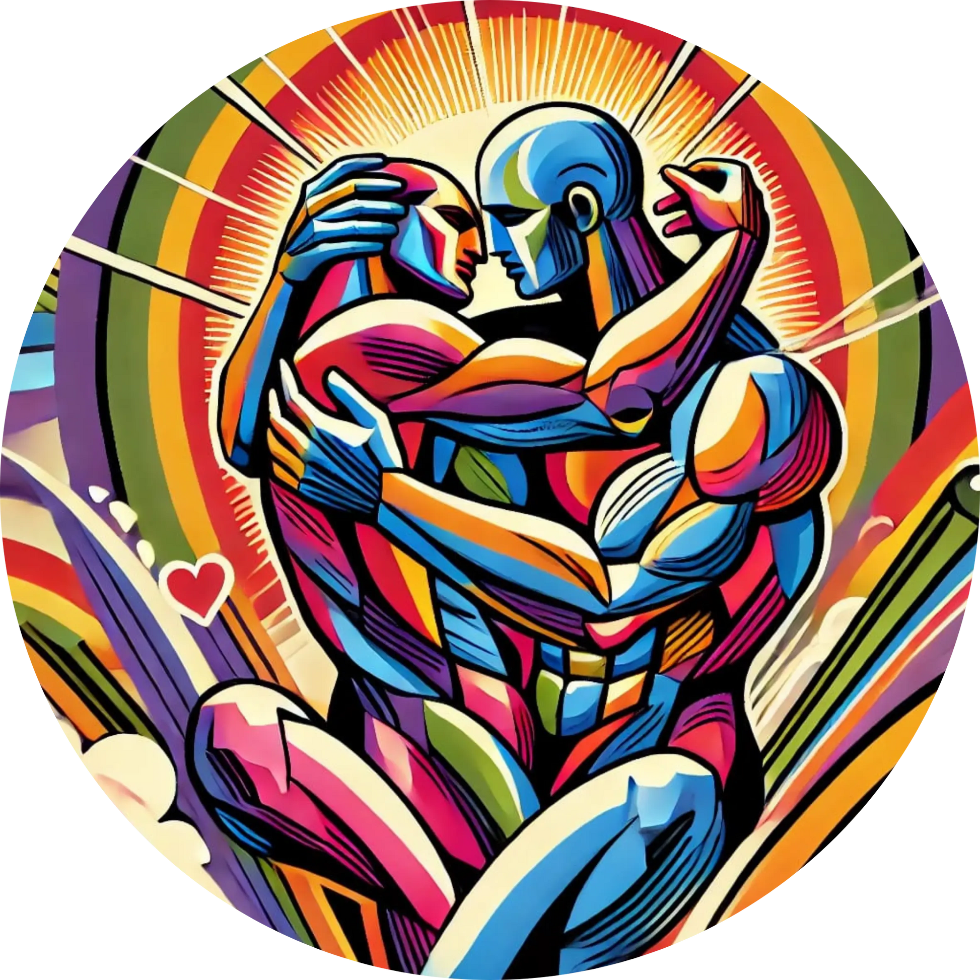 Umarmende Figuren aus abstrakten, farbintensiven Streifen in Herzform.