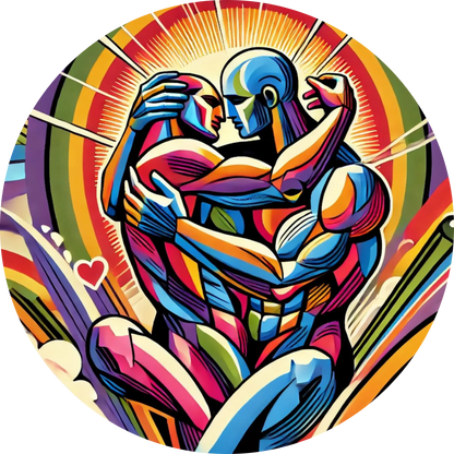 Umarmende Figuren aus abstrakten, farbintensiven Streifen in Herzform.