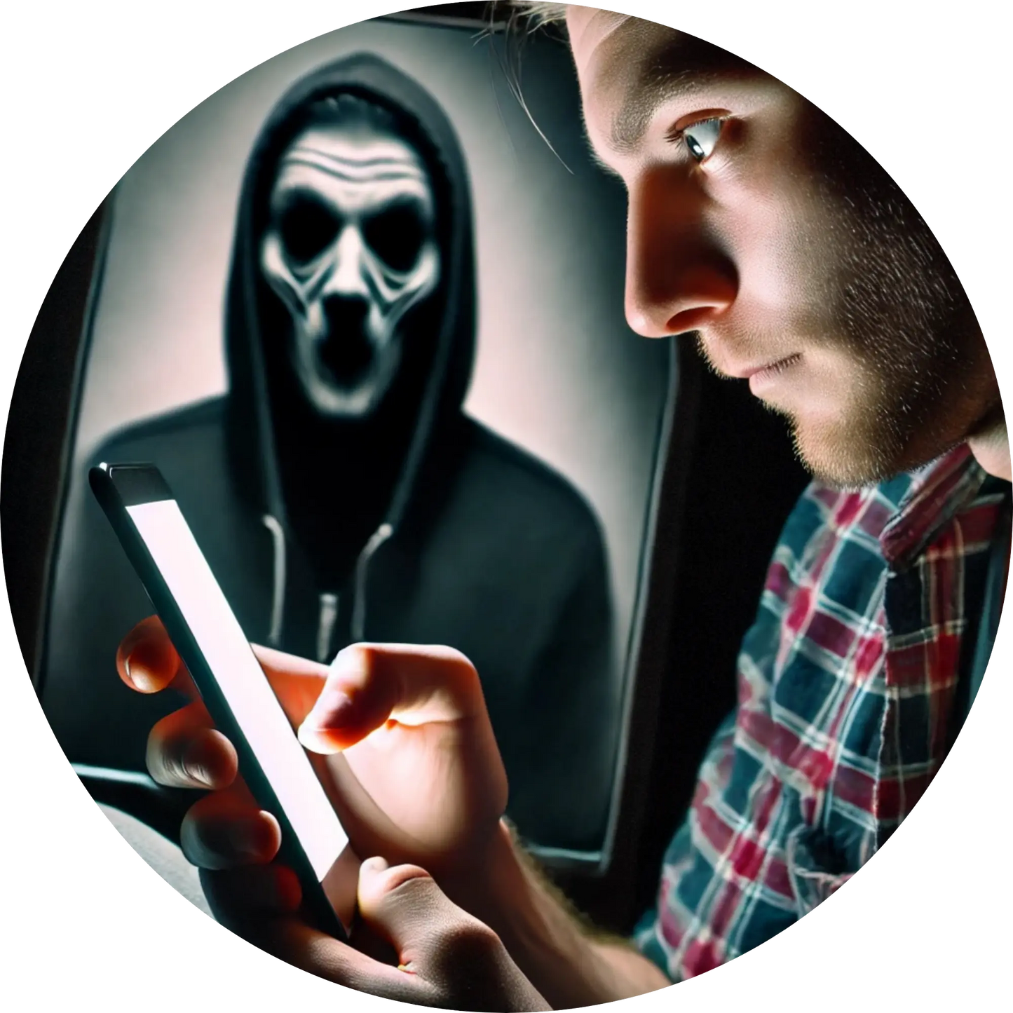 Hacker-Figur erscheint auf dem Smartphone eines erschrockenen Mannes