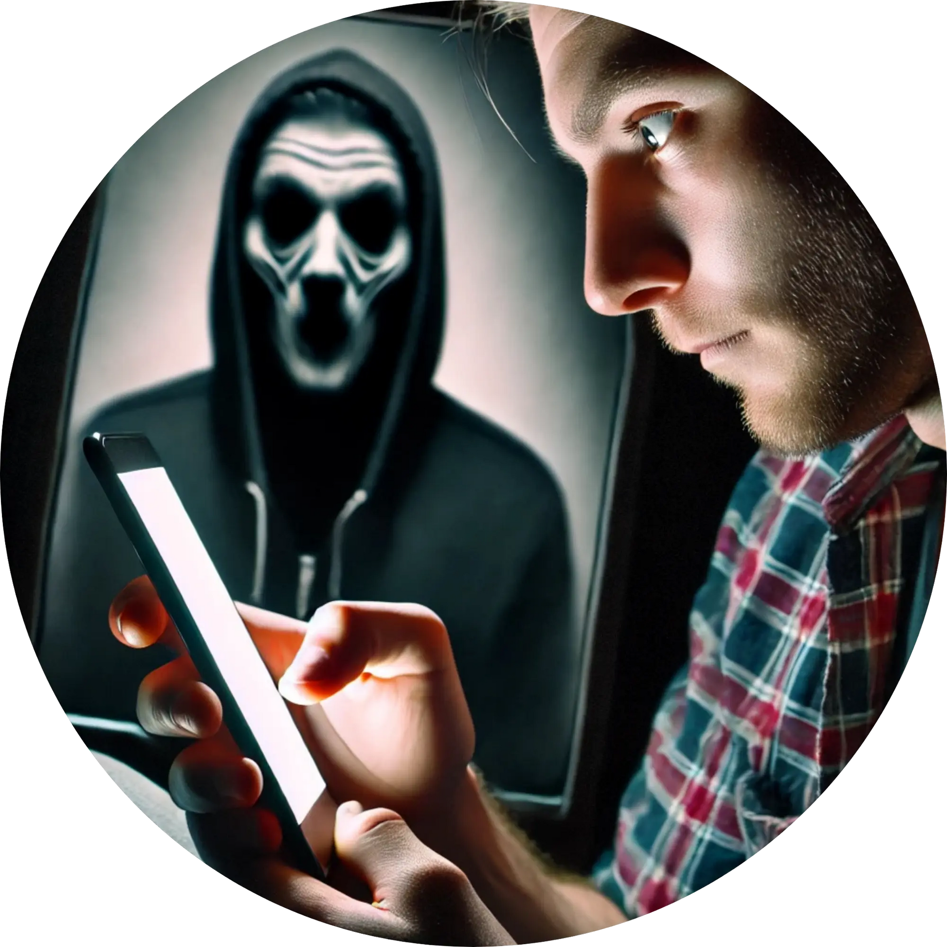 Hacker-Figur erscheint auf dem Smartphone eines erschrockenen Mannes