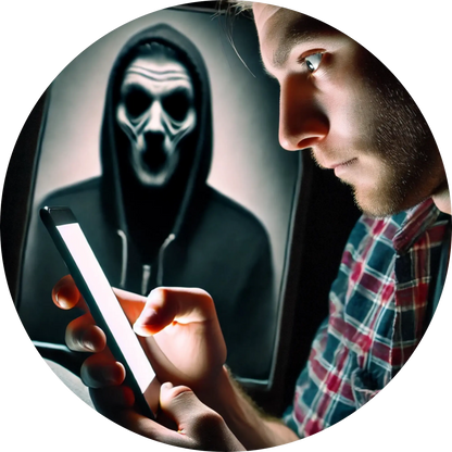 Hacker-Figur erscheint auf dem Smartphone eines erschrockenen Mannes