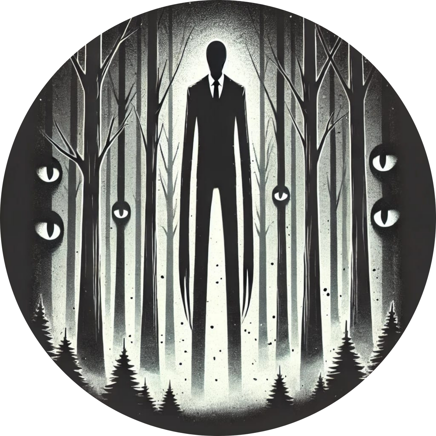 Slenderman-ähnliche Figur in einem düsteren Wald, umgeben von kleinen leuchtenden Augen.