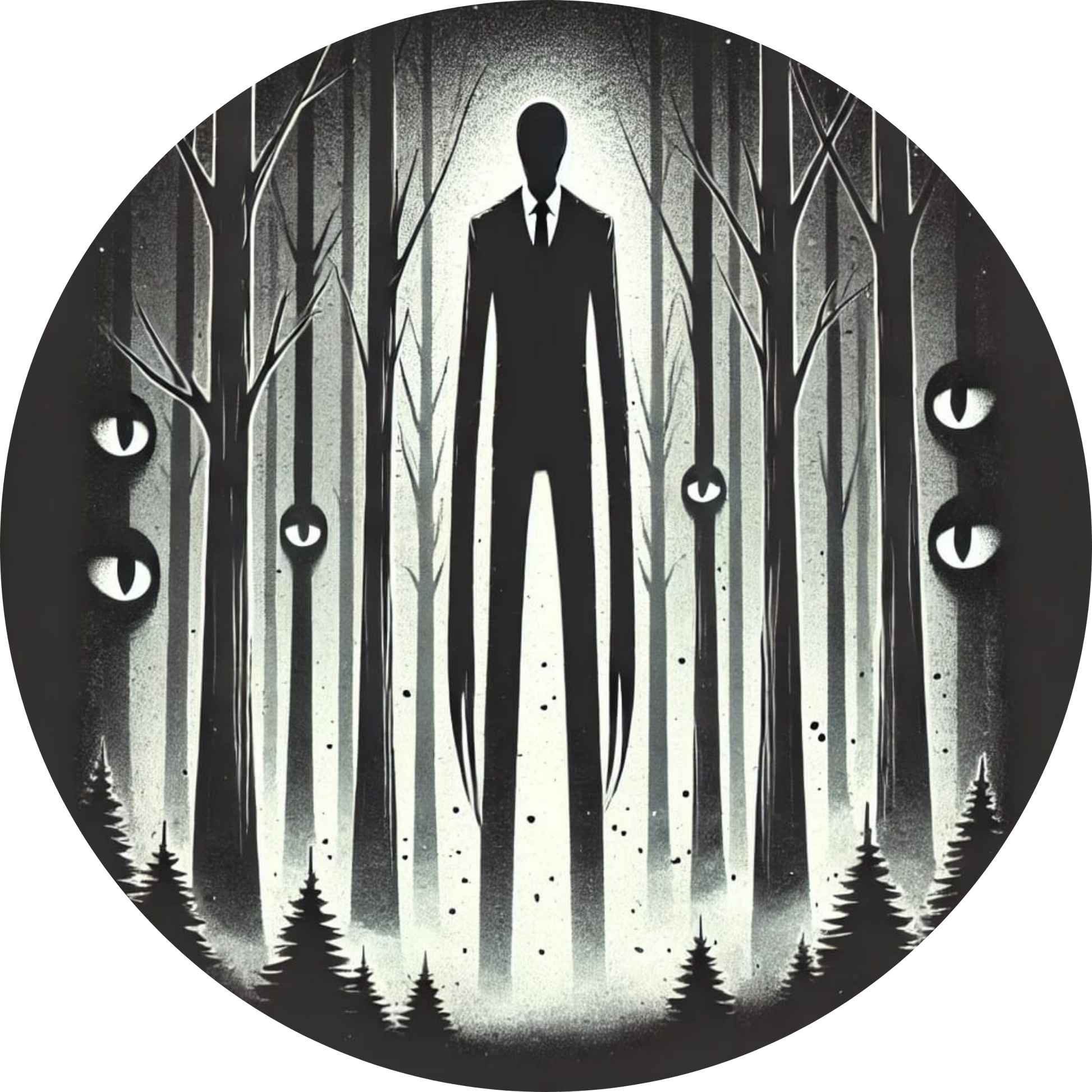 Slenderman-ähnliche Figur in einem düsteren Wald, umgeben von kleinen leuchtenden Augen.