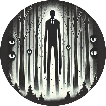 Slenderman-ähnliche Figur in einem düsteren Wald, umgeben von kleinen leuchtenden Augen.