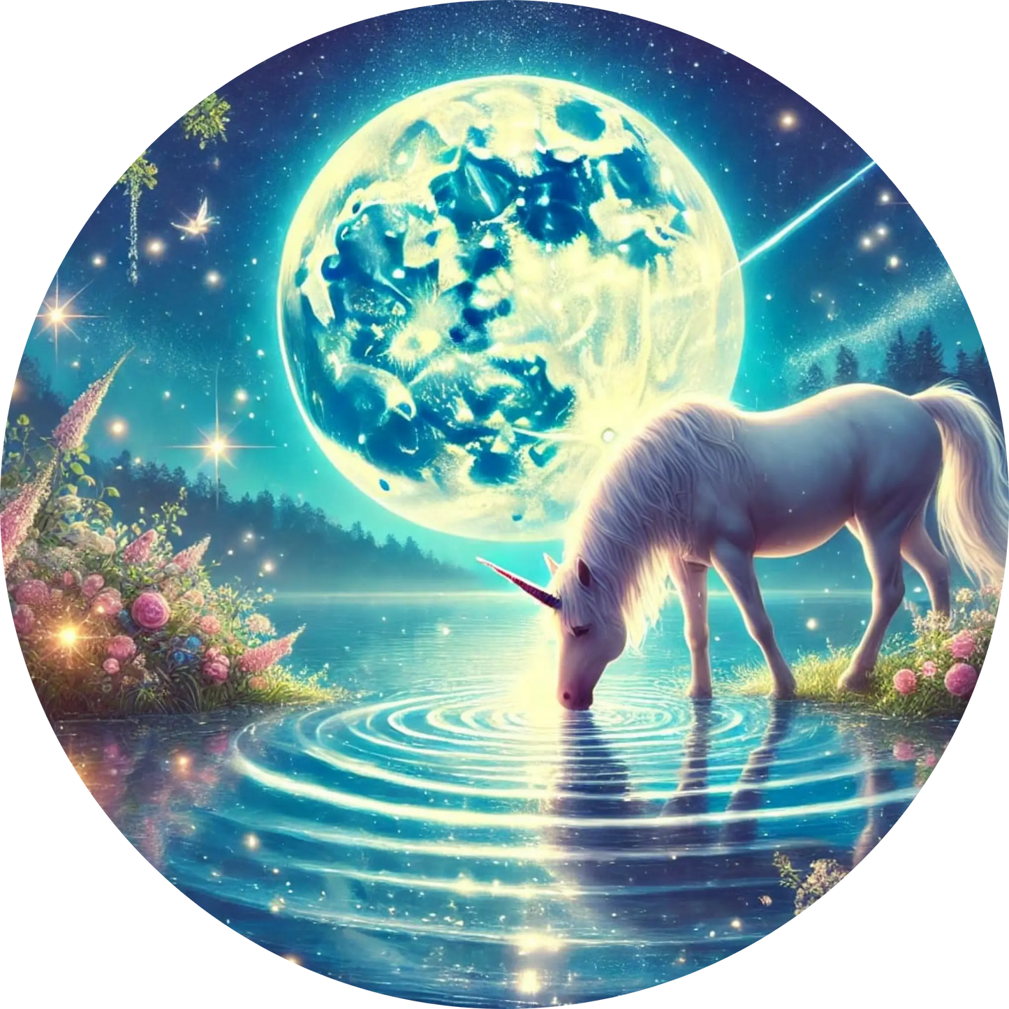 Einhorn unter Sternenhimmel am Wasser vor dem Vollmond