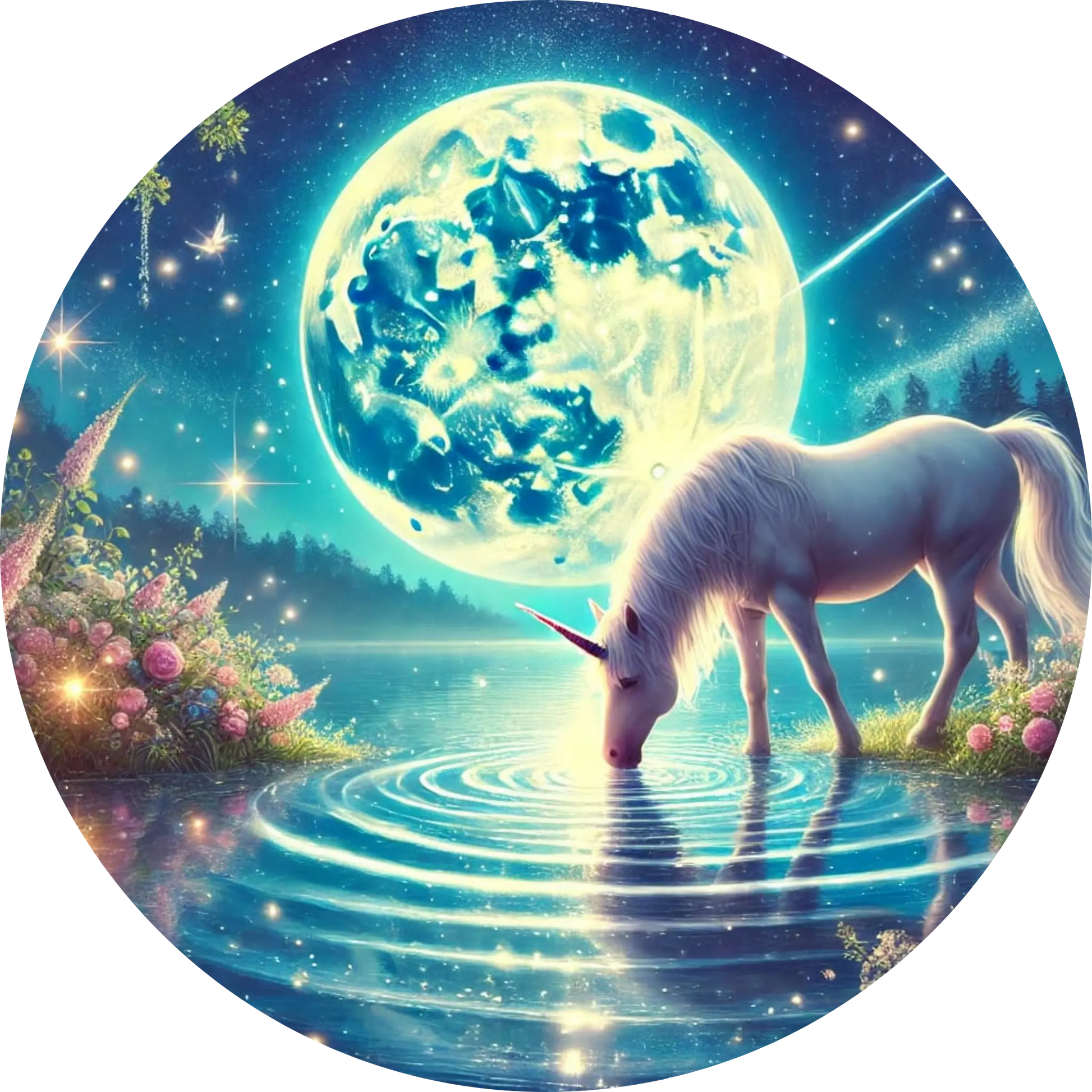 Einhorn unter Sternenhimmel am Wasser vor dem Vollmond