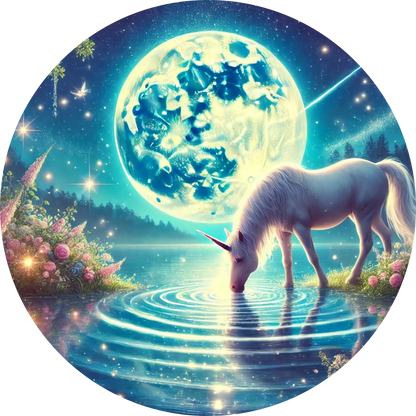 Einhorn unter Sternenhimmel am Wasser vor dem Vollmond