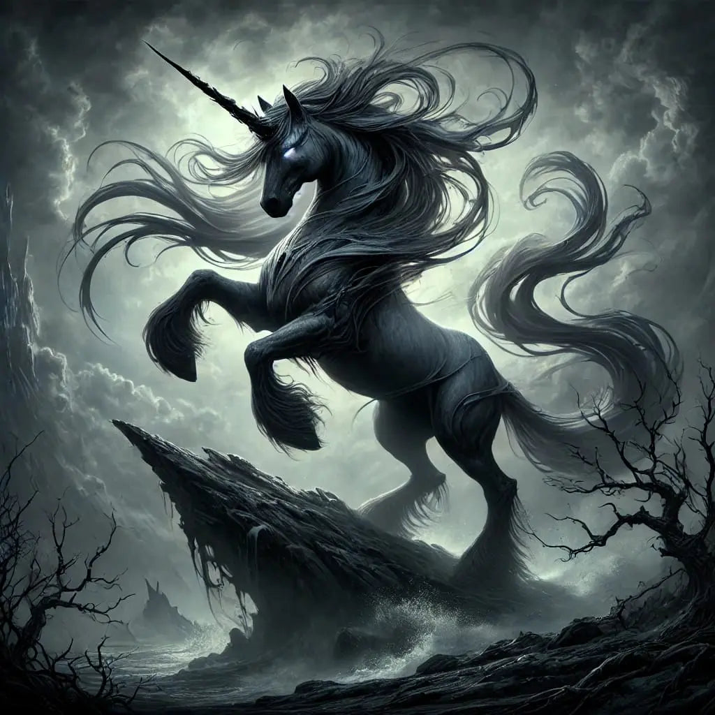 Schwarzes Einhorn,steigend und imposant auf einem Felsen, umgeben von Blitz und Nebel