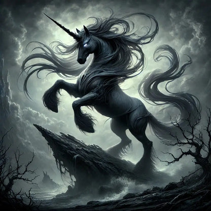 Schwarzes Einhorn,steigend und imposant auf einem Felsen, umgeben von Blitz und Nebel