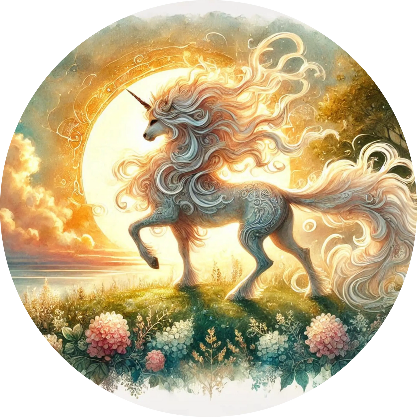 Leuchtendes Einhorn mit goldenen Blumen im Zauberwald