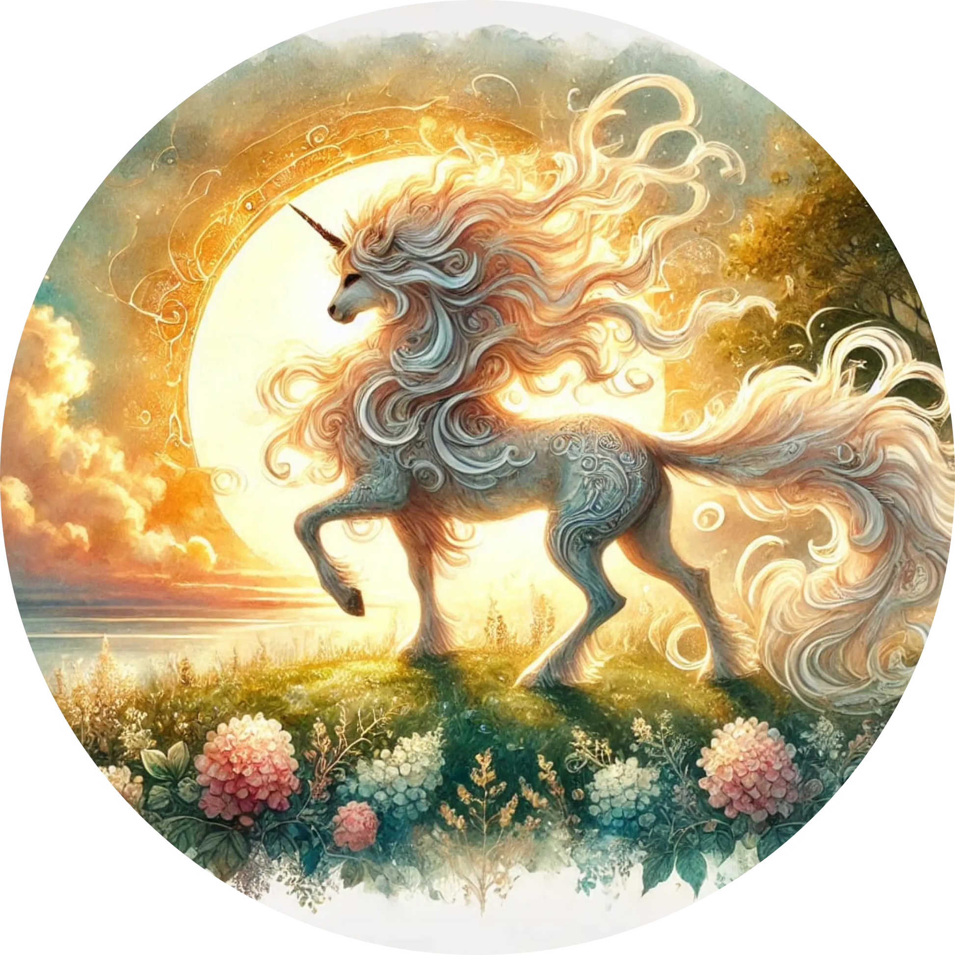 Leuchtendes Einhorn mit goldenen Blumen im Zauberwald