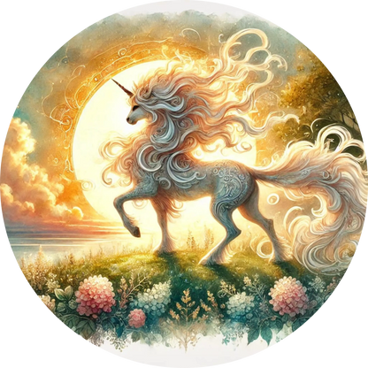 Leuchtendes Einhorn mit goldenen Blumen im Zauberwald