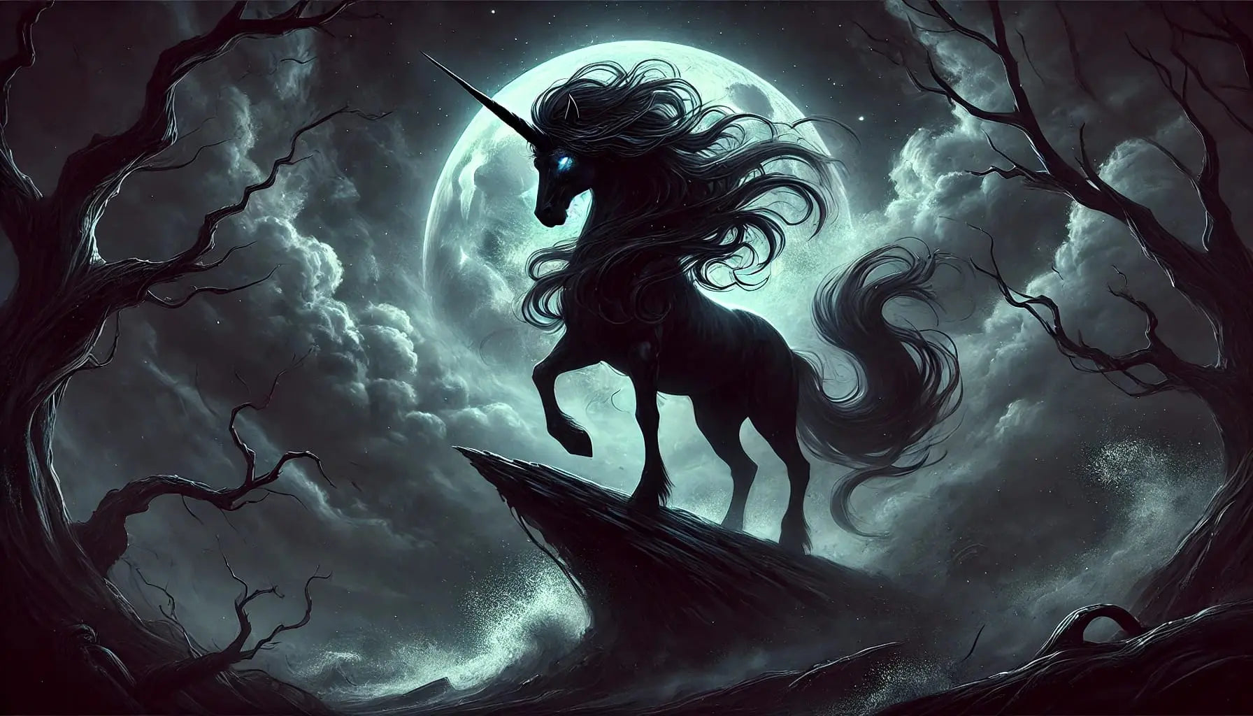 Schwarzes Einhorn, imposant auf einem Felsen, umgeben von Gischt und Nebel. Im Hintergrund Wolken und Vollmond