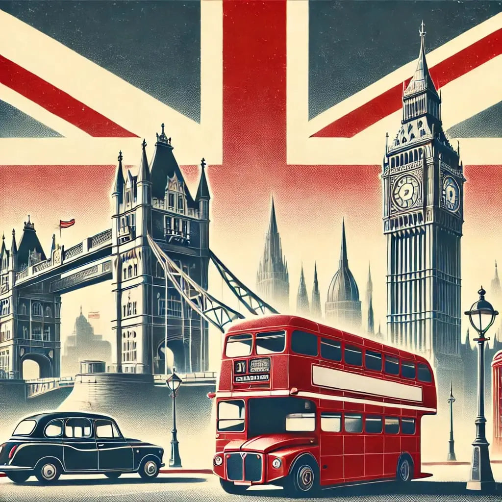 Illustration im Retro-Stil mit ikonischen London-Motiven – roter Doppeldeckerbus, Tower Bridge und Big Ben vor einer britischen Flagge im Hintergrund.