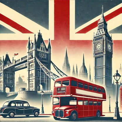 Illustration im Retro-Stil mit ikonischen London-Motiven – roter Doppeldeckerbus, Tower Bridge und Big Ben vor einer britischen Flagge im Hintergrund.