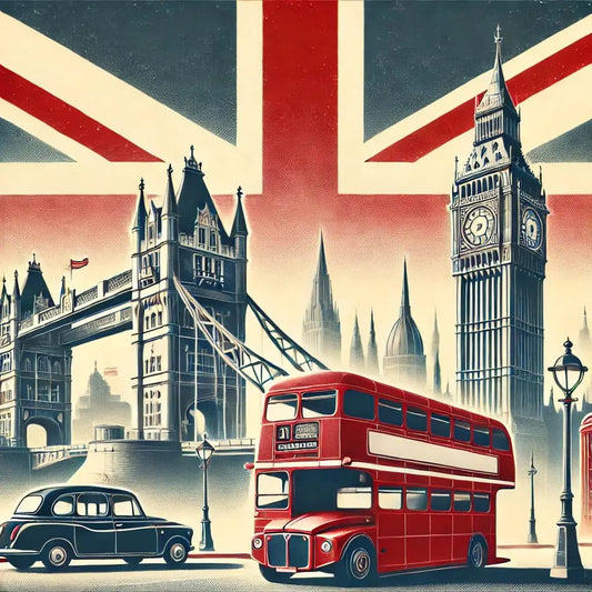 Illustration im Retro-Stil mit ikonischen London-Motiven – roter Doppeldeckerbus, Tower Bridge und Big Ben vor einer britischen Flagge im Hintergrund.