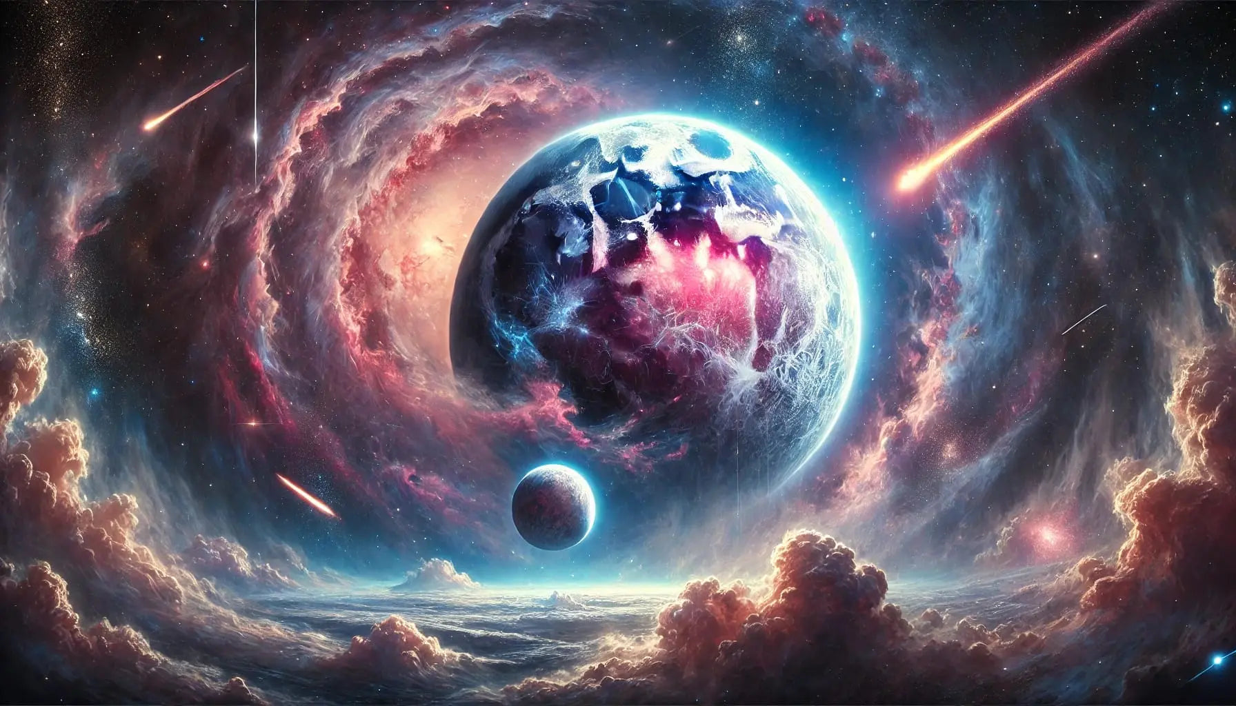 Fantastische Weltraumszene mit einem leuchtenden Planeten, Meteoriten und farbenprächtigen Nebeln im Kosmos.