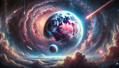 Fantastische Weltraumszene mit einem leuchtenden Planeten, Meteoriten und farbenprächtigen Nebeln im Kosmos.