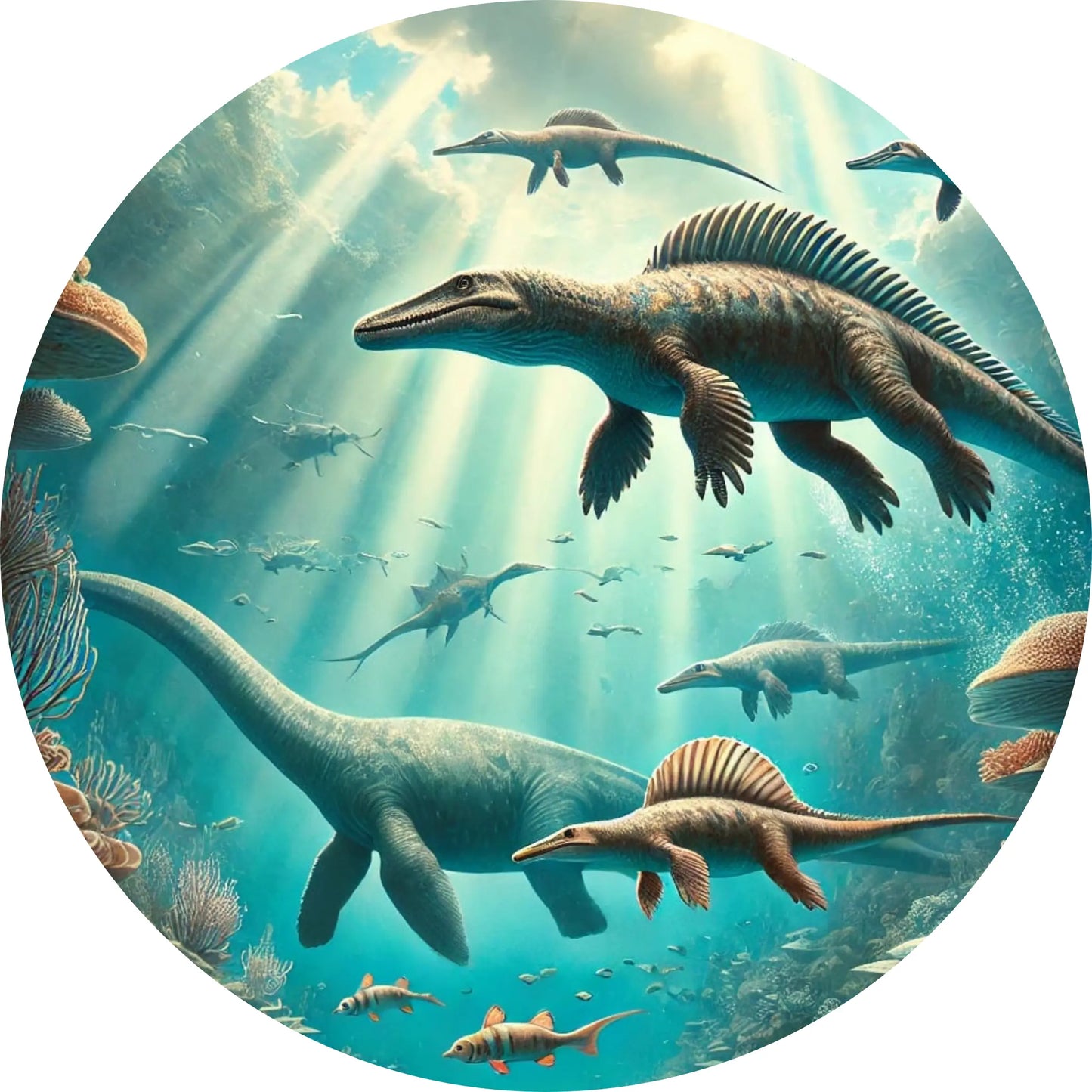 Unterwasser-Dinos mit Fischschwarm – prähistorisches Meer